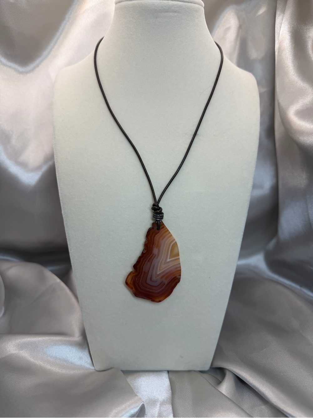 Natural Banded Agate Slice Pendant Necklace ✦ Boho Leather Cord Orange Sardonyx